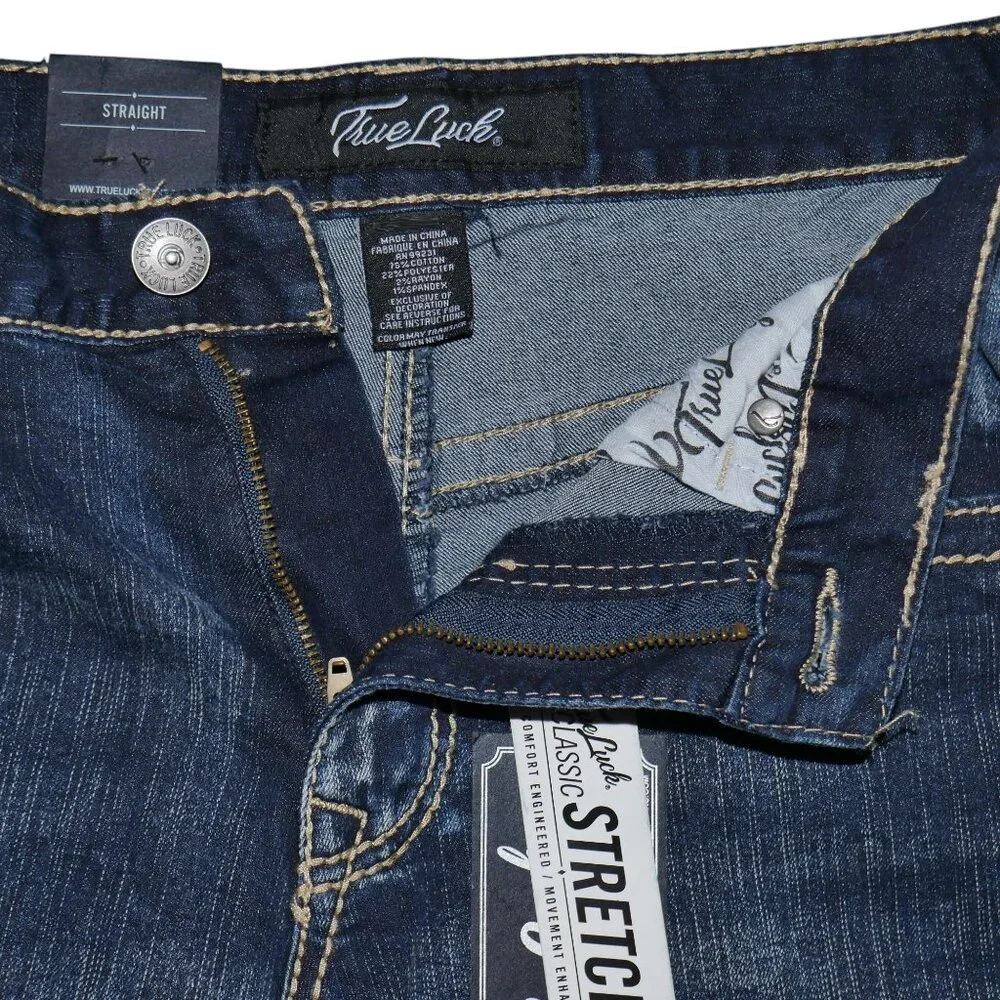 True Luck Straight Leg Jeans Dark Wash Denim Men's Size 32x32 Thick Stitch BKE